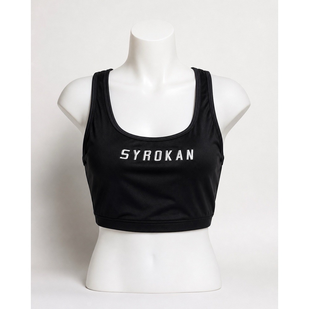 Syrokan Sports Bra Size XL High Impact Wireless Padded Cups Black Spell Out